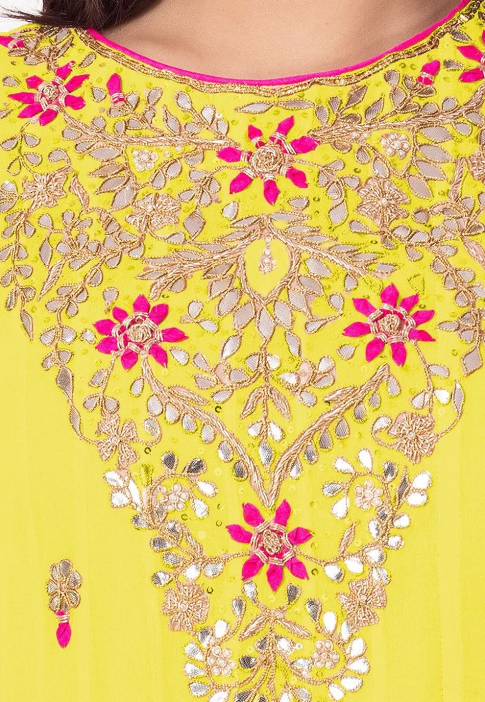 Gota Embroidered Georgette Abaya Style Suit in Yellow
