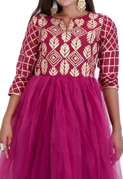 Gota Embroidered Net Abaya Style Suit in Wine