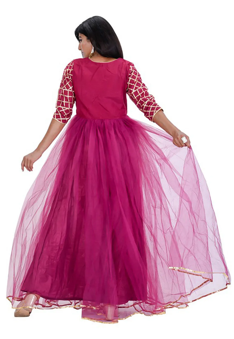 Gota Embroidered Net Abaya Style Suit in Wine