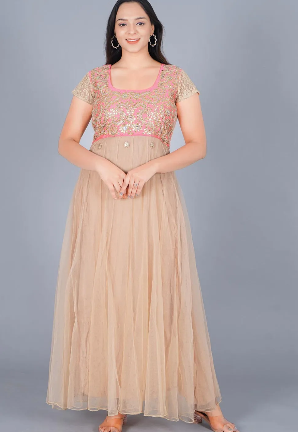 Gota Embroidered Net Gown Set in Beige and Baby Pink