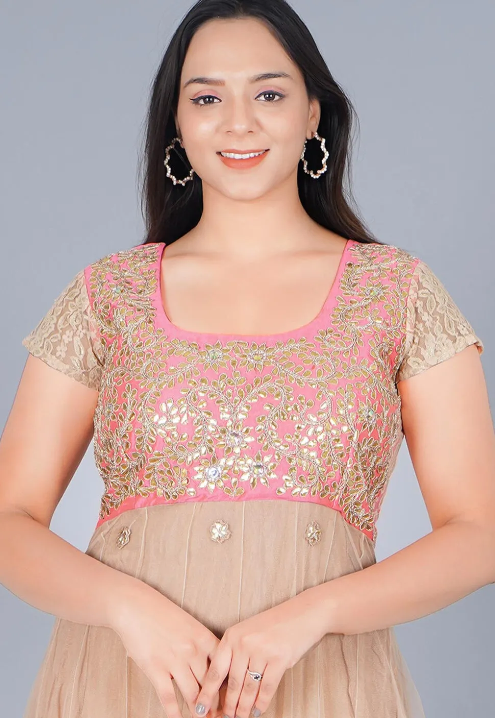 Gota Embroidered Net Gown Set in Beige and Baby Pink
