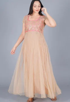 Gota Embroidered Net Gown Set in Beige and Baby Pink