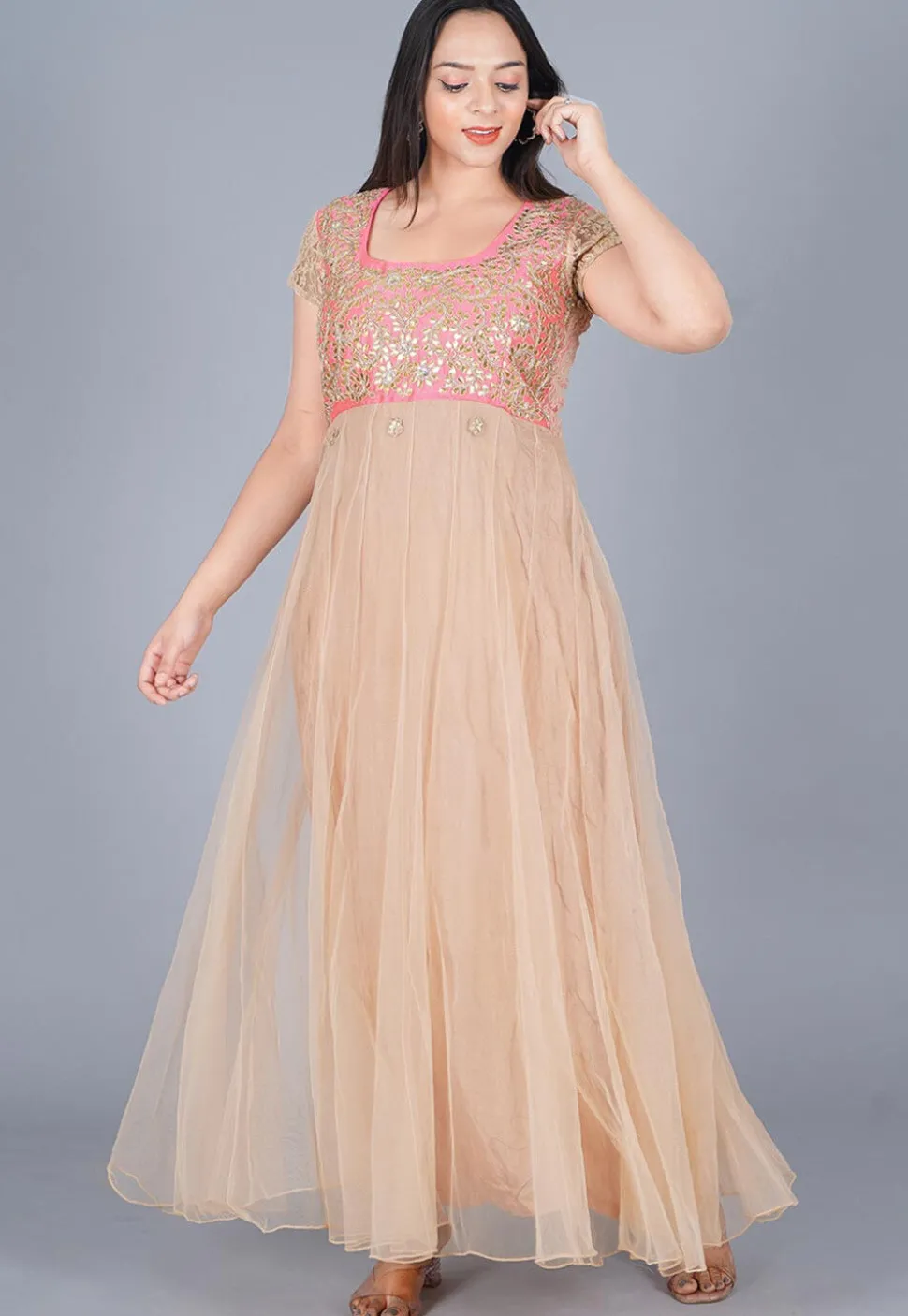 Gota Embroidered Net Gown Set in Beige and Baby Pink
