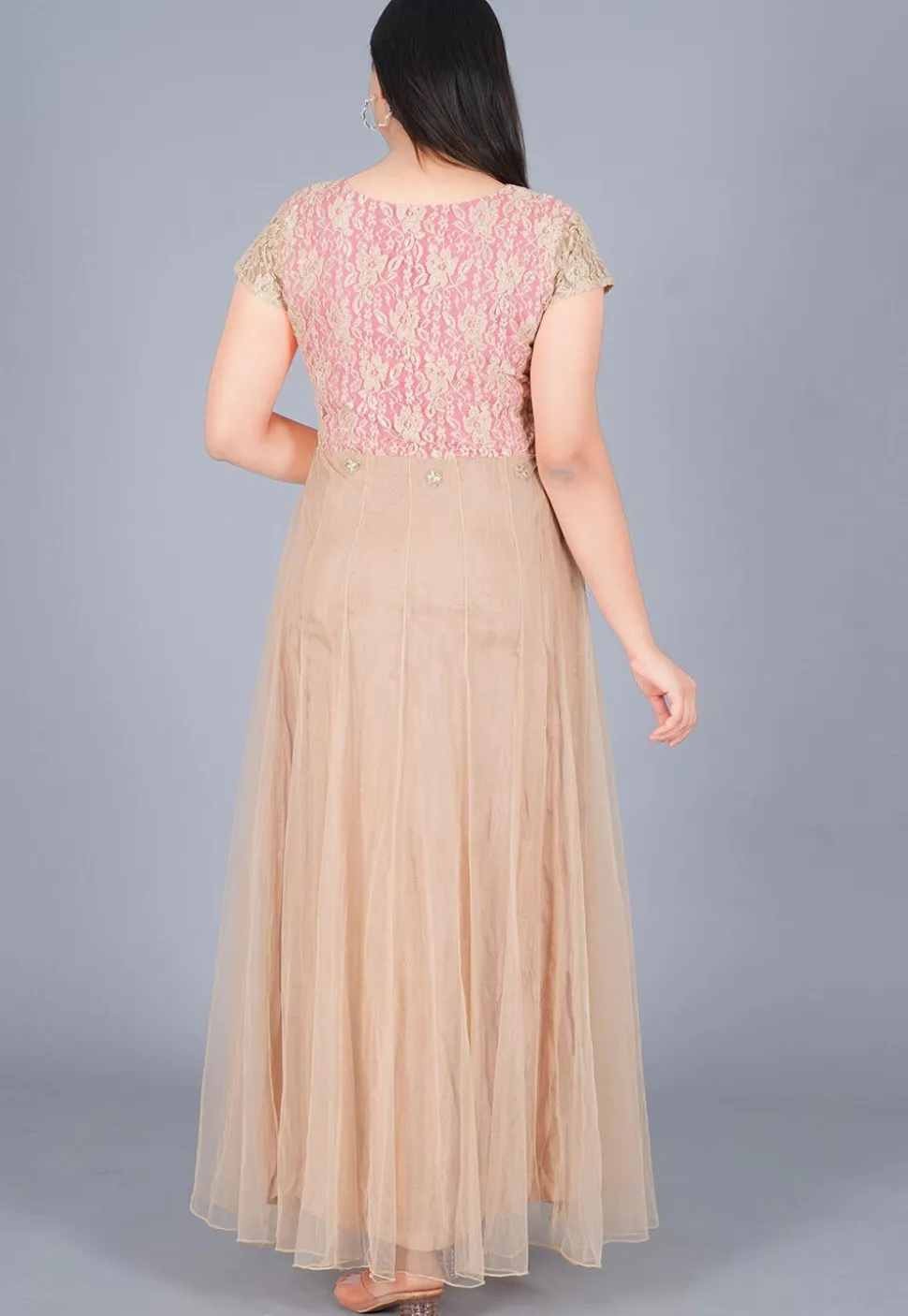 Gota Embroidered Net Gown Set in Beige and Baby Pink