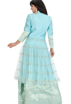 Gota Embroidered Net Kurta in Sea Green