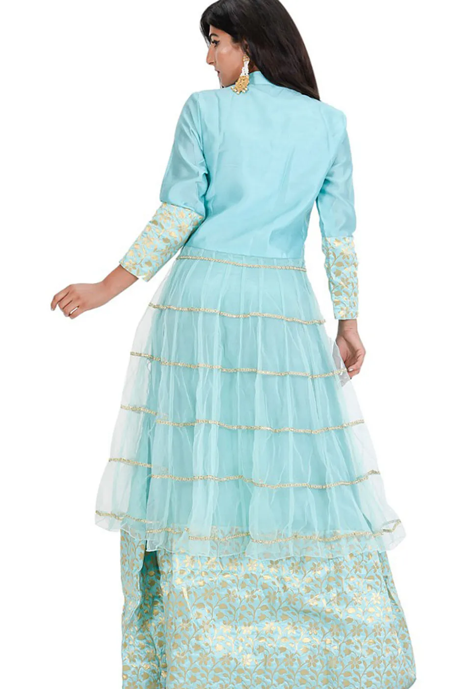 Gota Embroidered Net Kurta in Sea Green