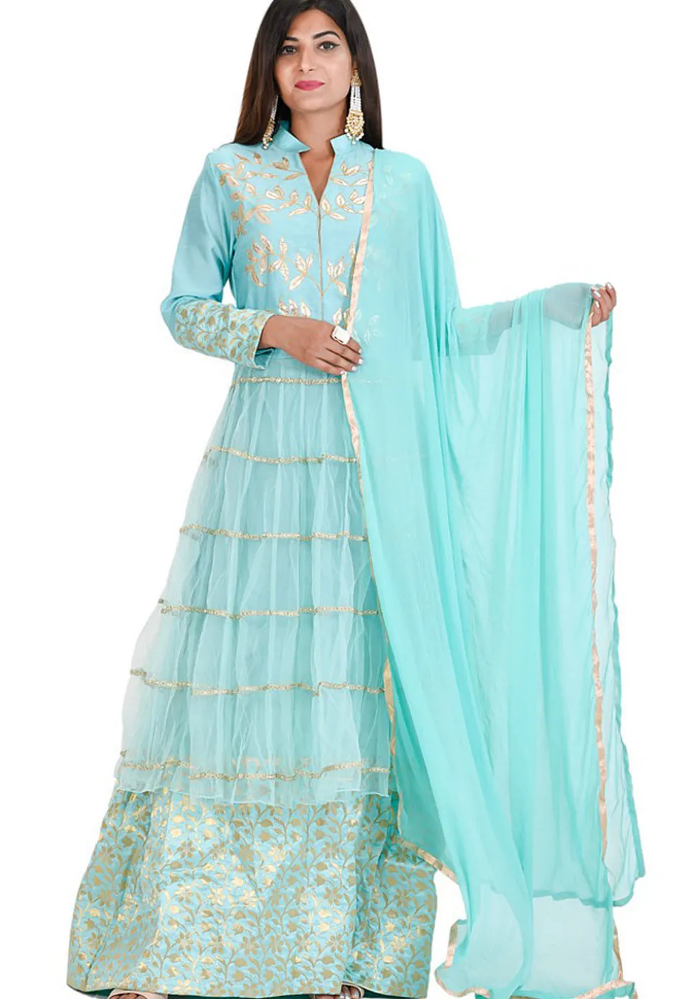 Gota Embroidered Net Lehenga in Sea Green