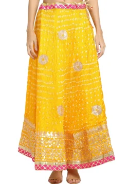 Gota Embroidered Taffeta Silk Flared Skirt in Yellow