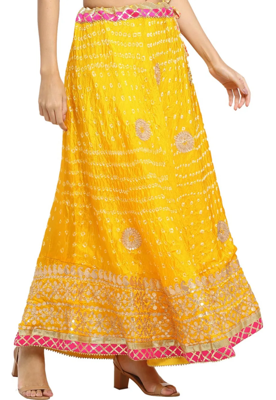 Gota Embroidered Taffeta Silk Flared Skirt in Yellow