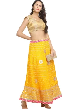 Gota Embroidered Taffeta Silk Flared Skirt in Yellow