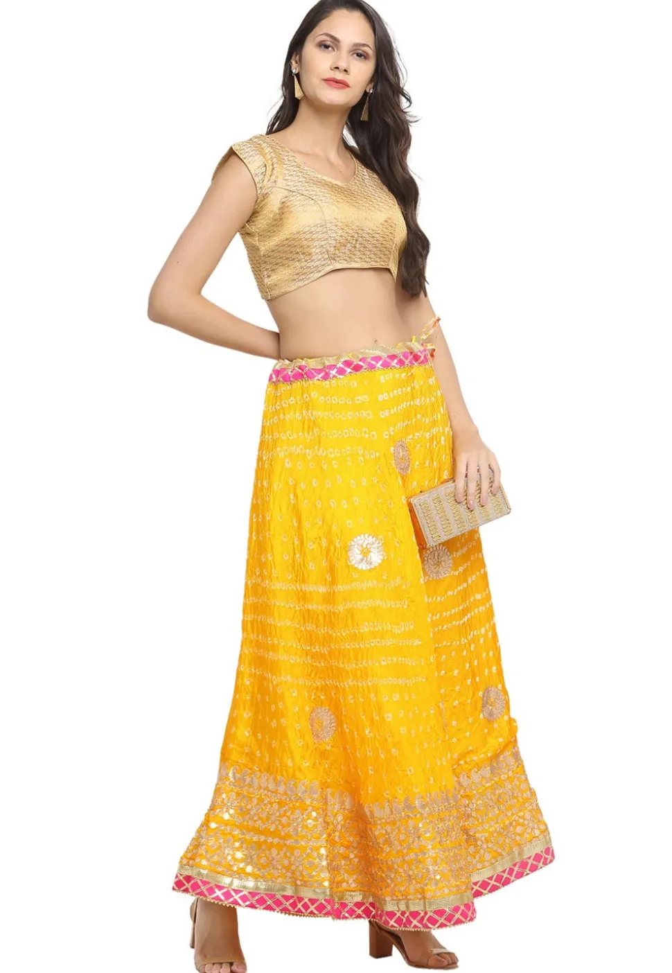 Gota Embroidered Taffeta Silk Flared Skirt in Yellow
