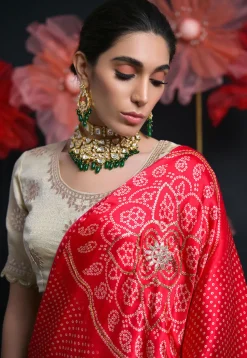 Gota Embroidered Viscose Silk Jacquard Lehenga in Cream