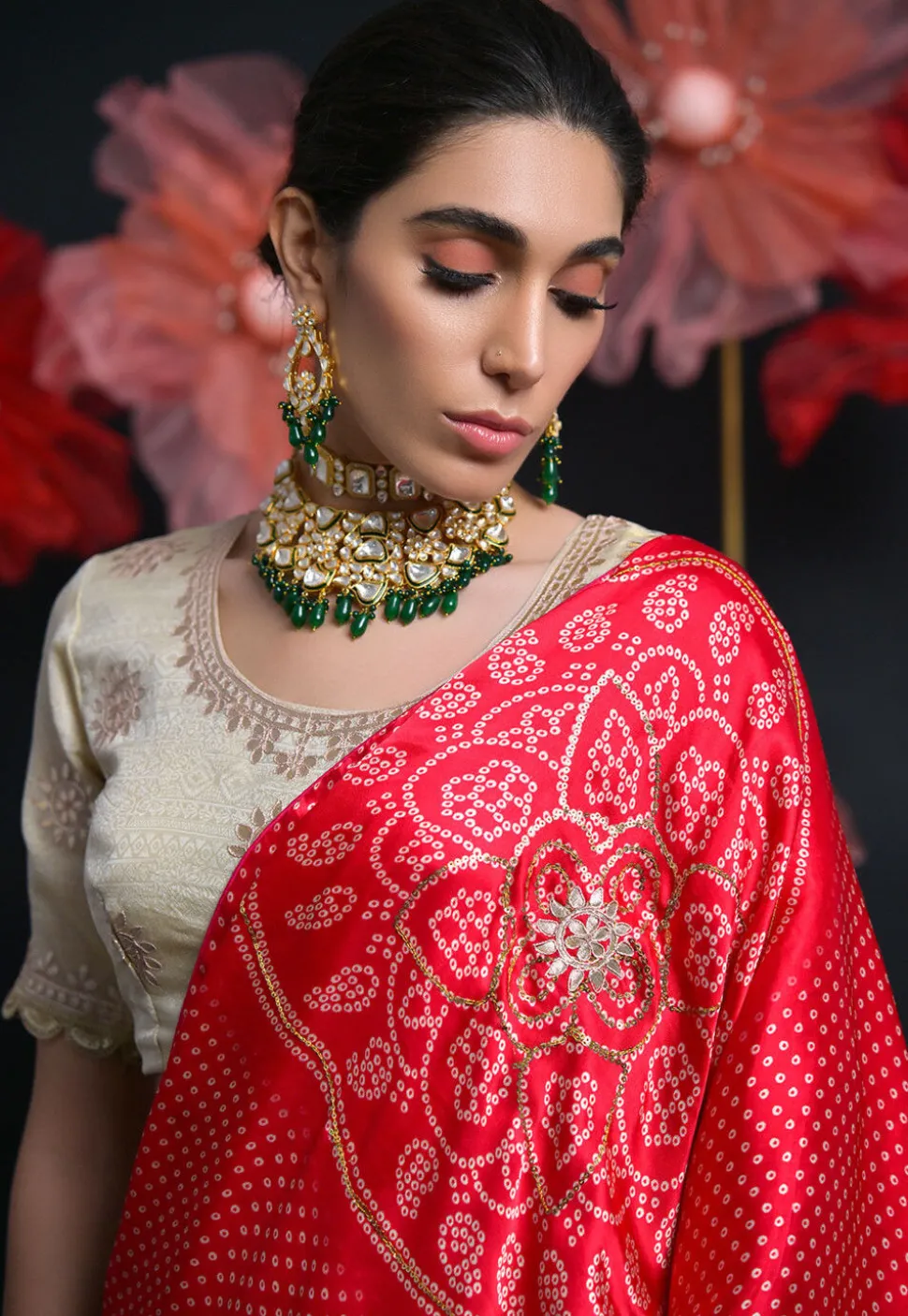 Gota Embroidered Viscose Silk Jacquard Lehenga in Cream