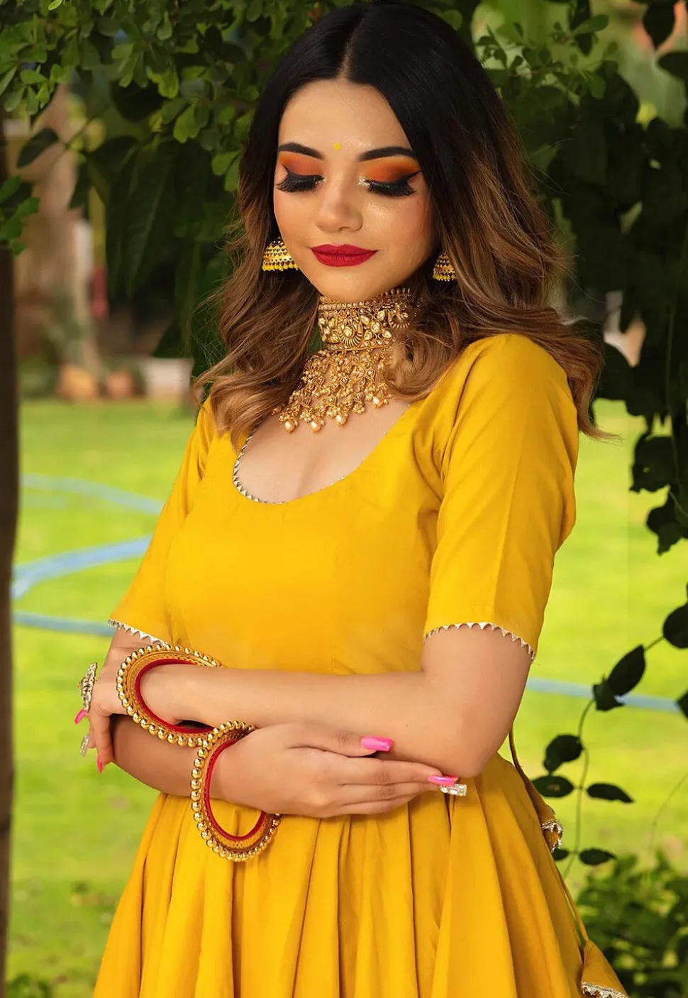 Gota Lace Cotton A Line Suit in Yellow