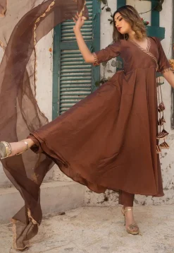 Gota Lace Cotton Silk A Line Suit in Brown