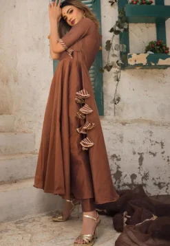Gota Lace Cotton Silk A Line Suit in Brown