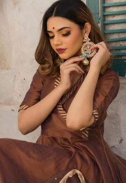 Gota Lace Cotton Silk A Line Suit in Brown