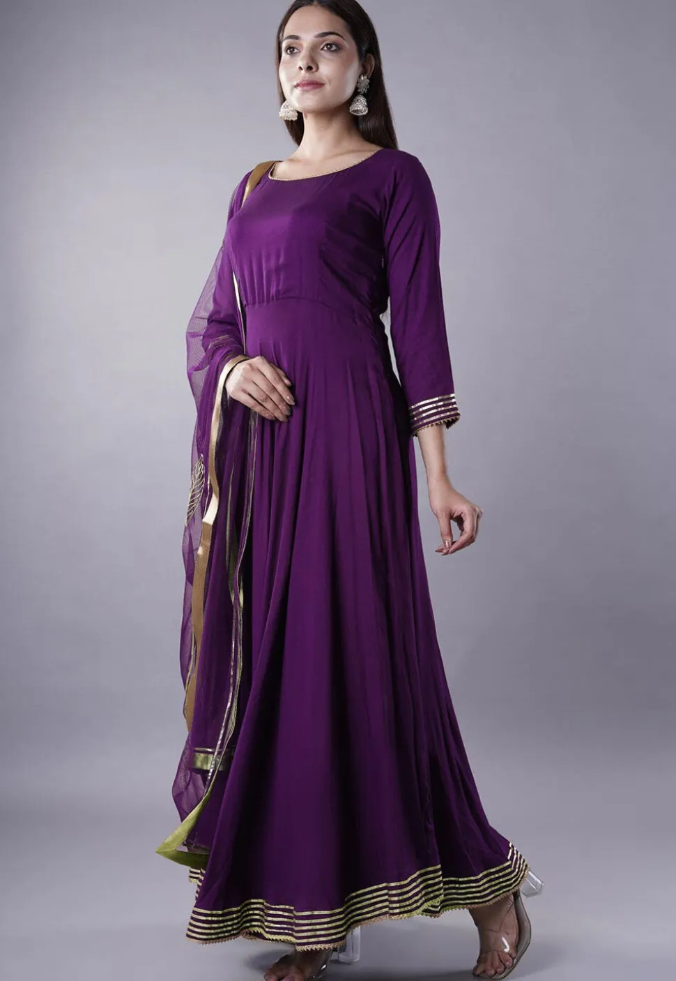 Gota Lace Rayon Abaya Style Suit in Dark Magenta