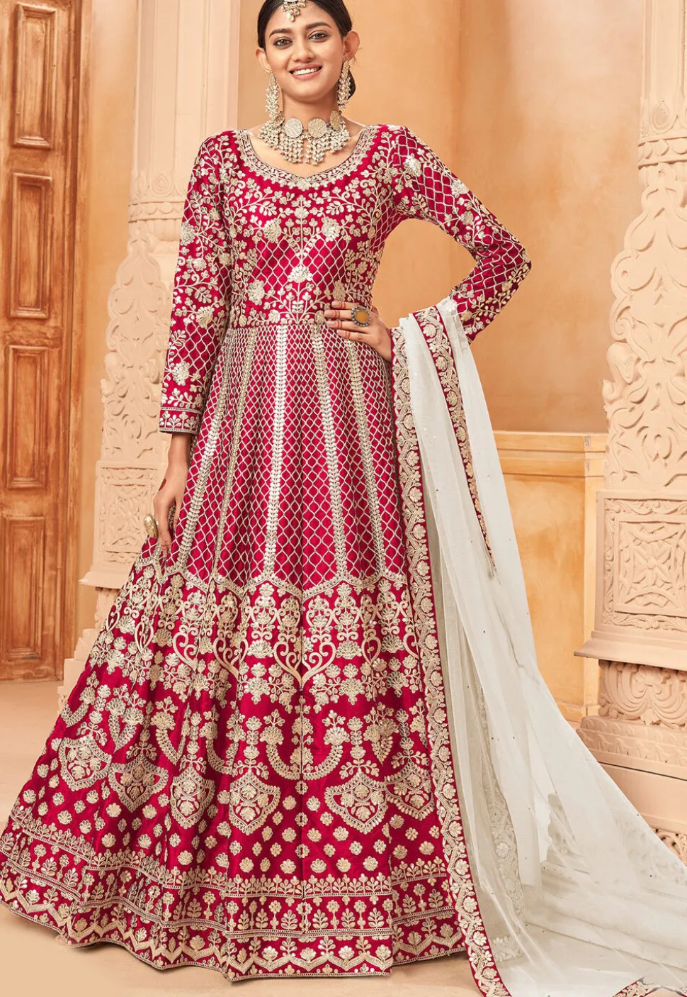 Gota Patti Art Silk Abaya Style Suit in Fuchsia