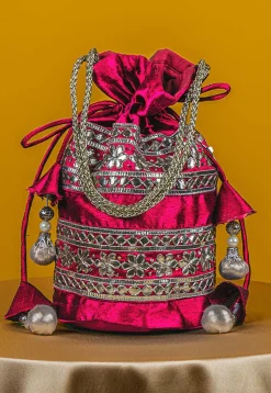 Gota Patti Art Silk Potli Bag in Fuchsia
