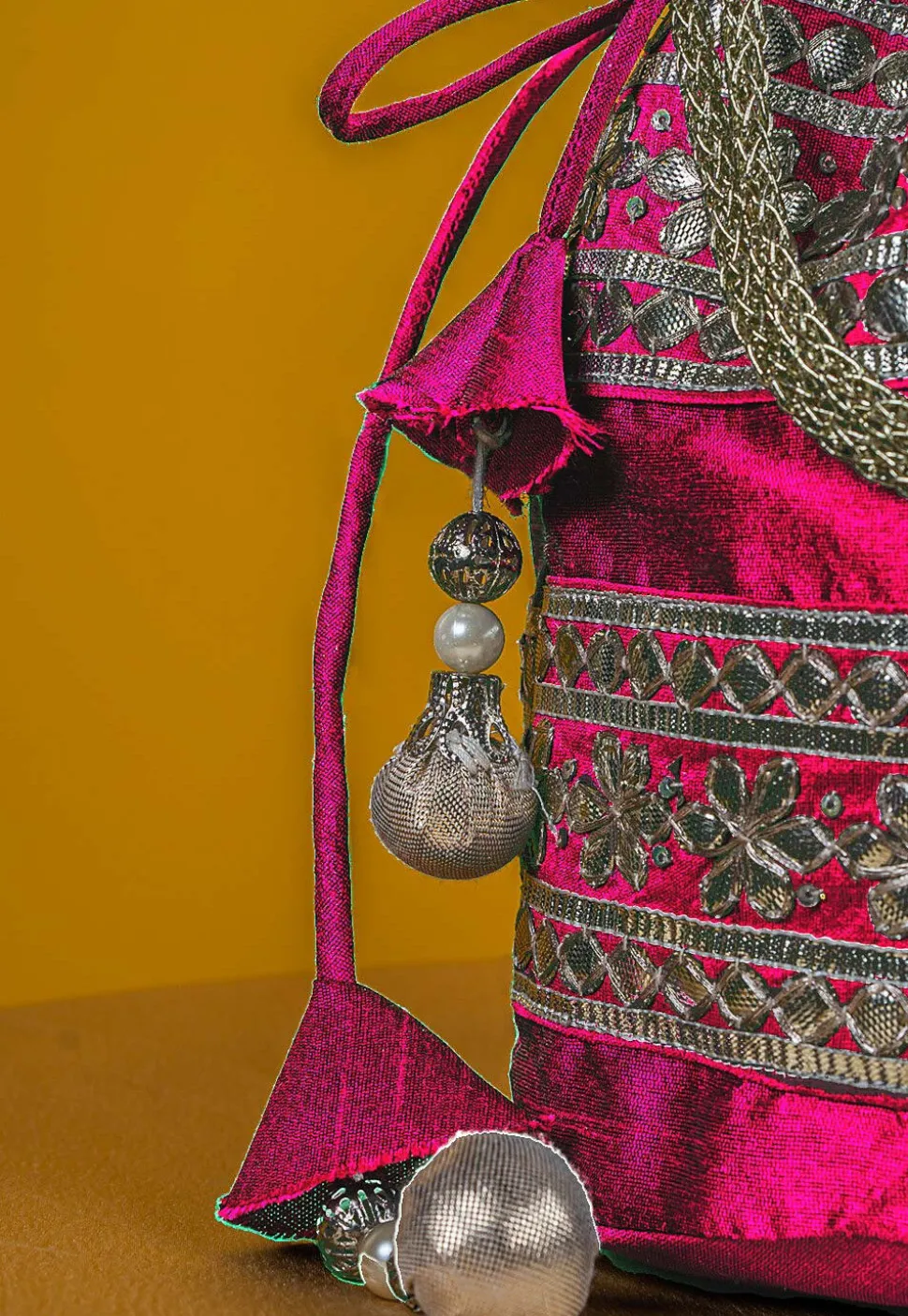 Gota Patti Art Silk Potli Bag in Fuchsia
