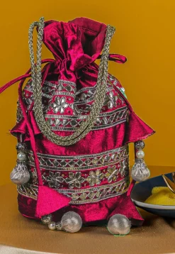 Gota Patti Art Silk Potli Bag in Fuchsia