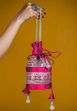 Gota Patti Art Silk Potli Bag in Fuchsia