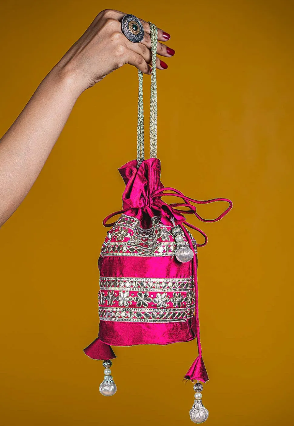 Gota Patti Art Silk Potli Bag in Fuchsia