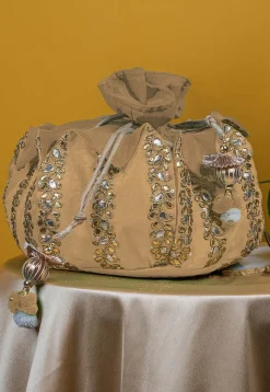Gota Patti Art Silk Potli Bag in Beige