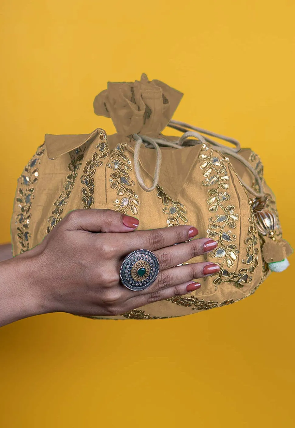 Gota Patti Art Silk Potli Bag in Beige