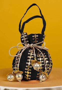 Gota Patti Art Silk Potli Bag in Black