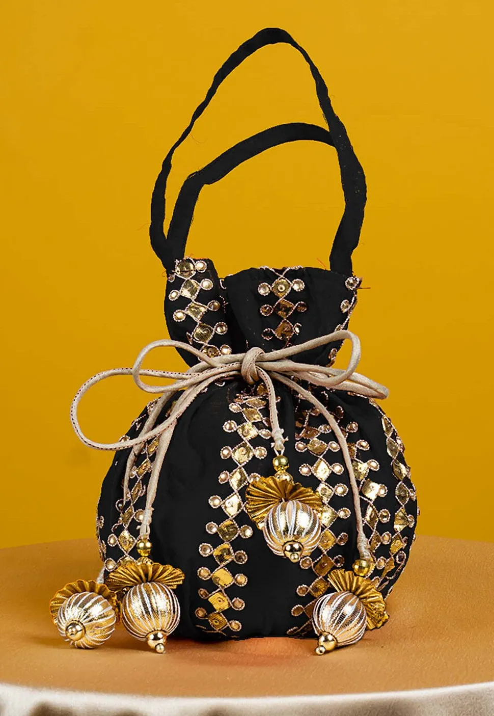 Gota Patti Art Silk Potli Bag in Black