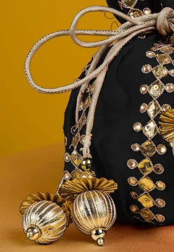 Gota Patti Art Silk Potli Bag in Black