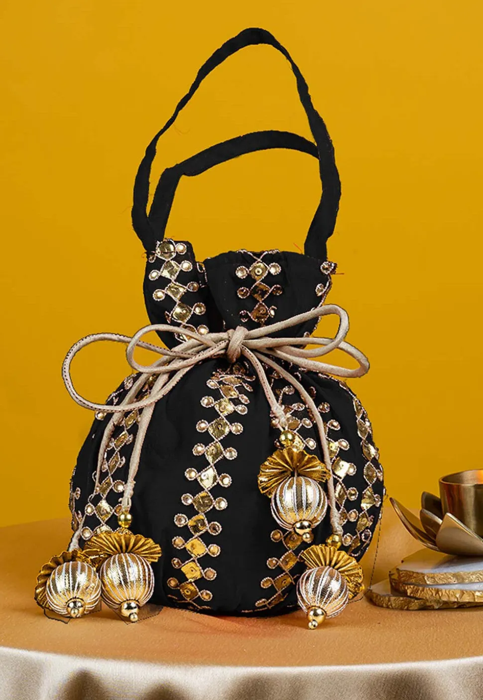 Gota Patti Art Silk Potli Bag in Black