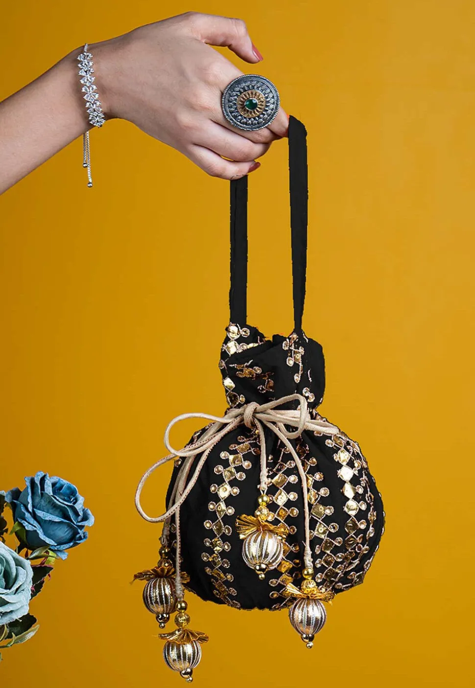 Gota Patti Art Silk Potli Bag in Black