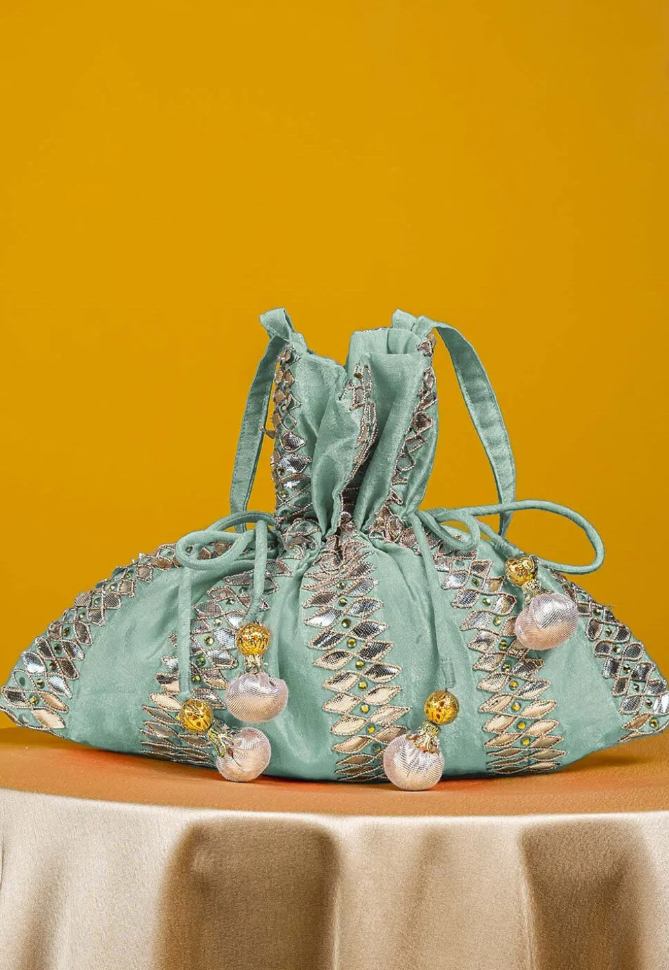 Gota Patti Art Silk Potli Bag in Sea Green