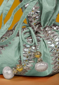 Gota Patti Art Silk Potli Bag in Sea Green