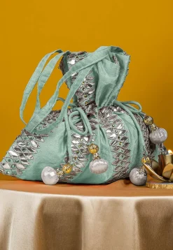 Gota Patti Art Silk Potli Bag in Sea Green