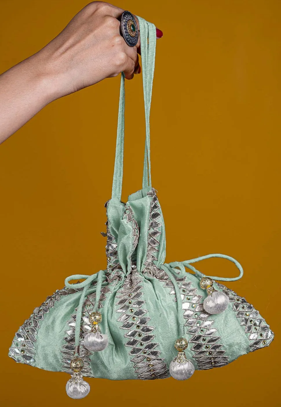 Gota Patti Art Silk Potli Bag in Sea Green