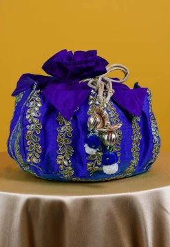 Gota Patti Art Silk Potli Bag in Royal Blue