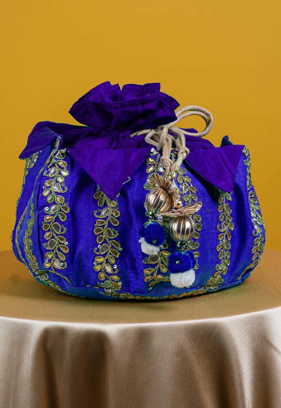 Gota Patti Art Silk Potli Bag in Royal Blue
