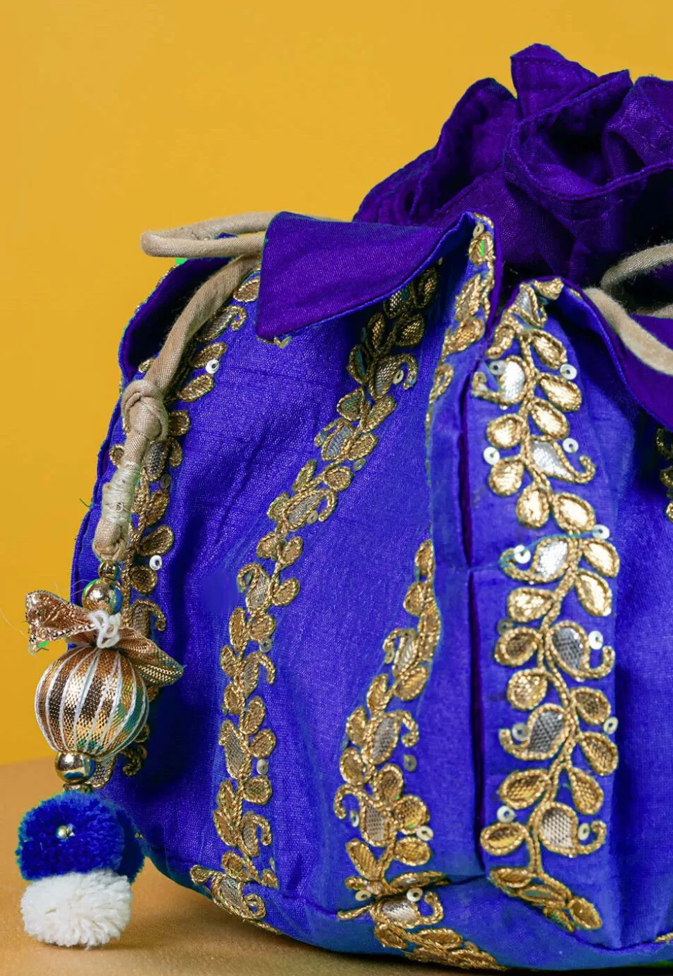 Gota Patti Art Silk Potli Bag in Royal Blue
