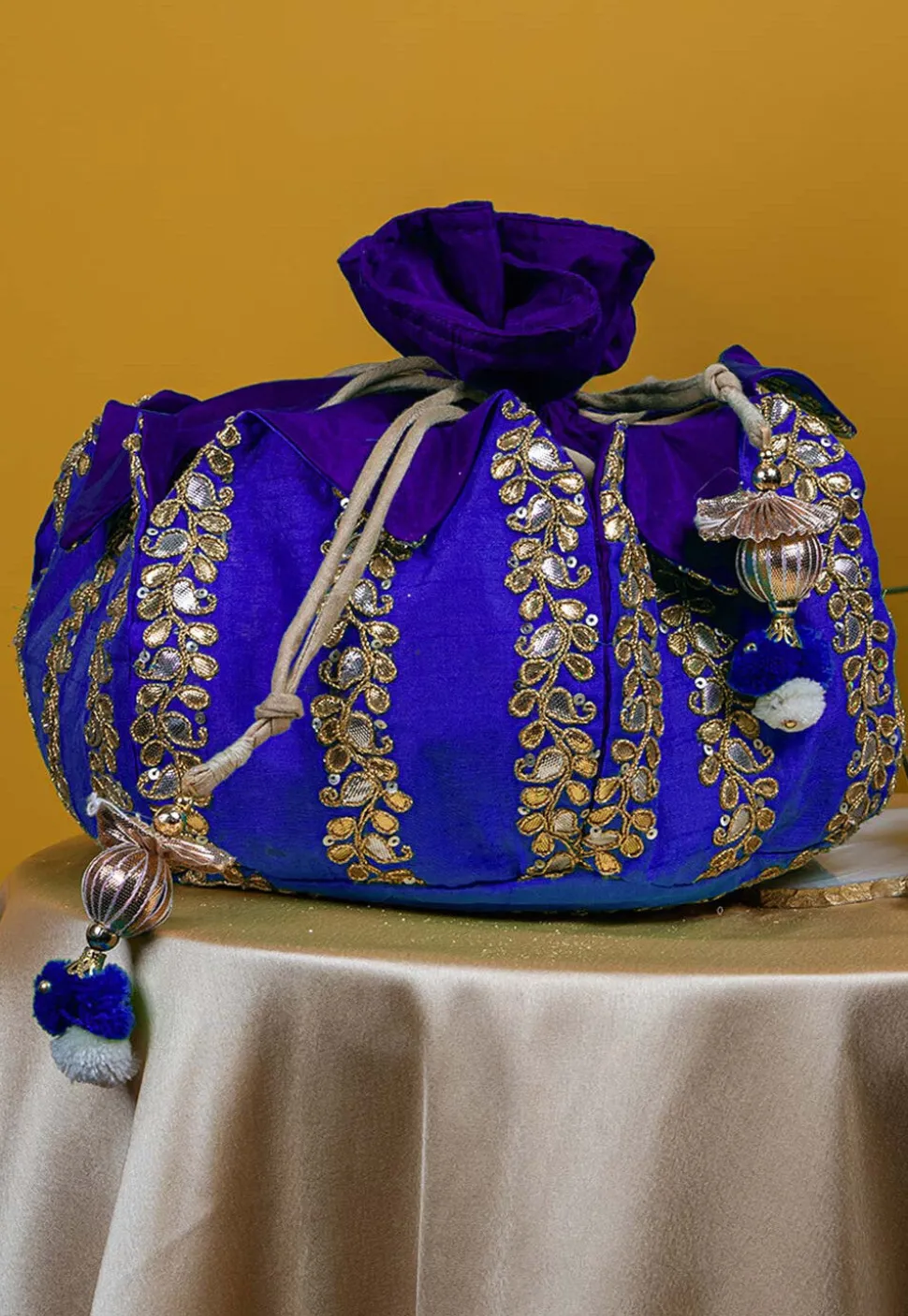 Gota Patti Art Silk Potli Bag in Royal Blue