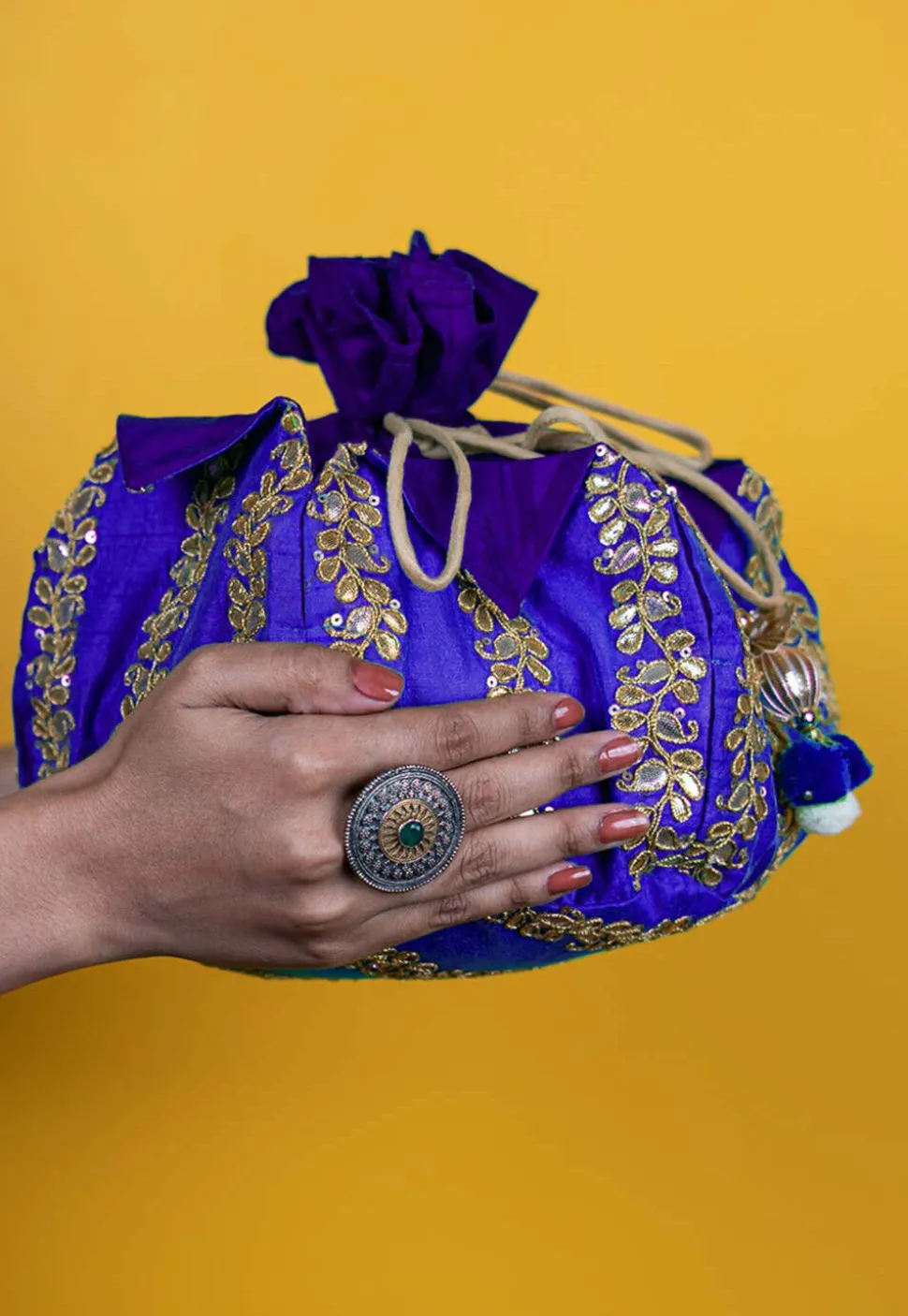 Gota Patti Art Silk Potli Bag in Royal Blue