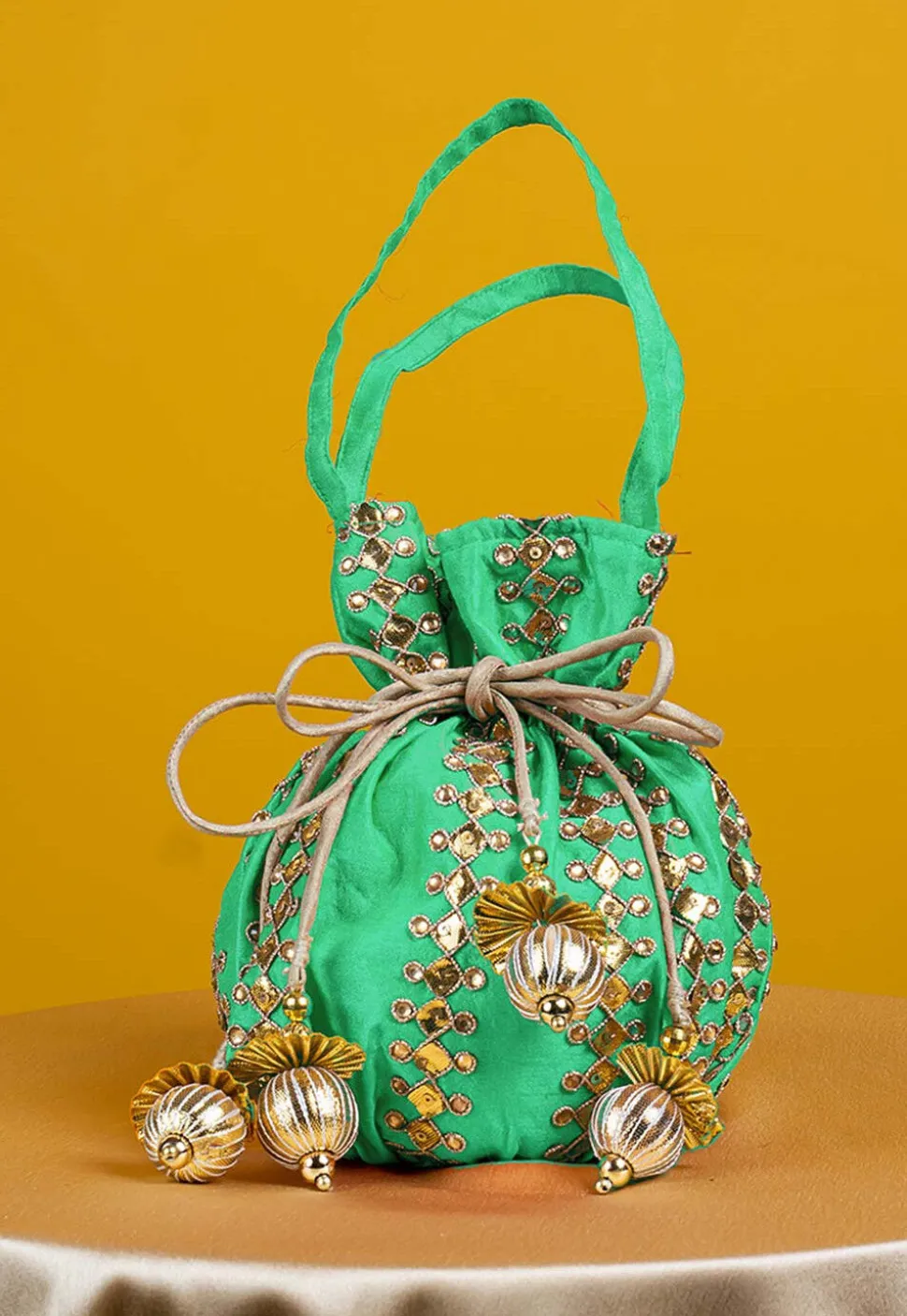 Gota Patti Art Silk Potli Bag in Sea Green