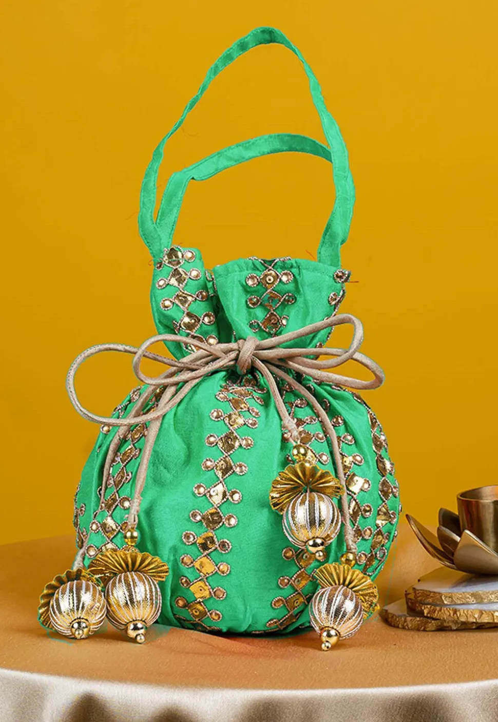 Gota Patti Art Silk Potli Bag in Sea Green