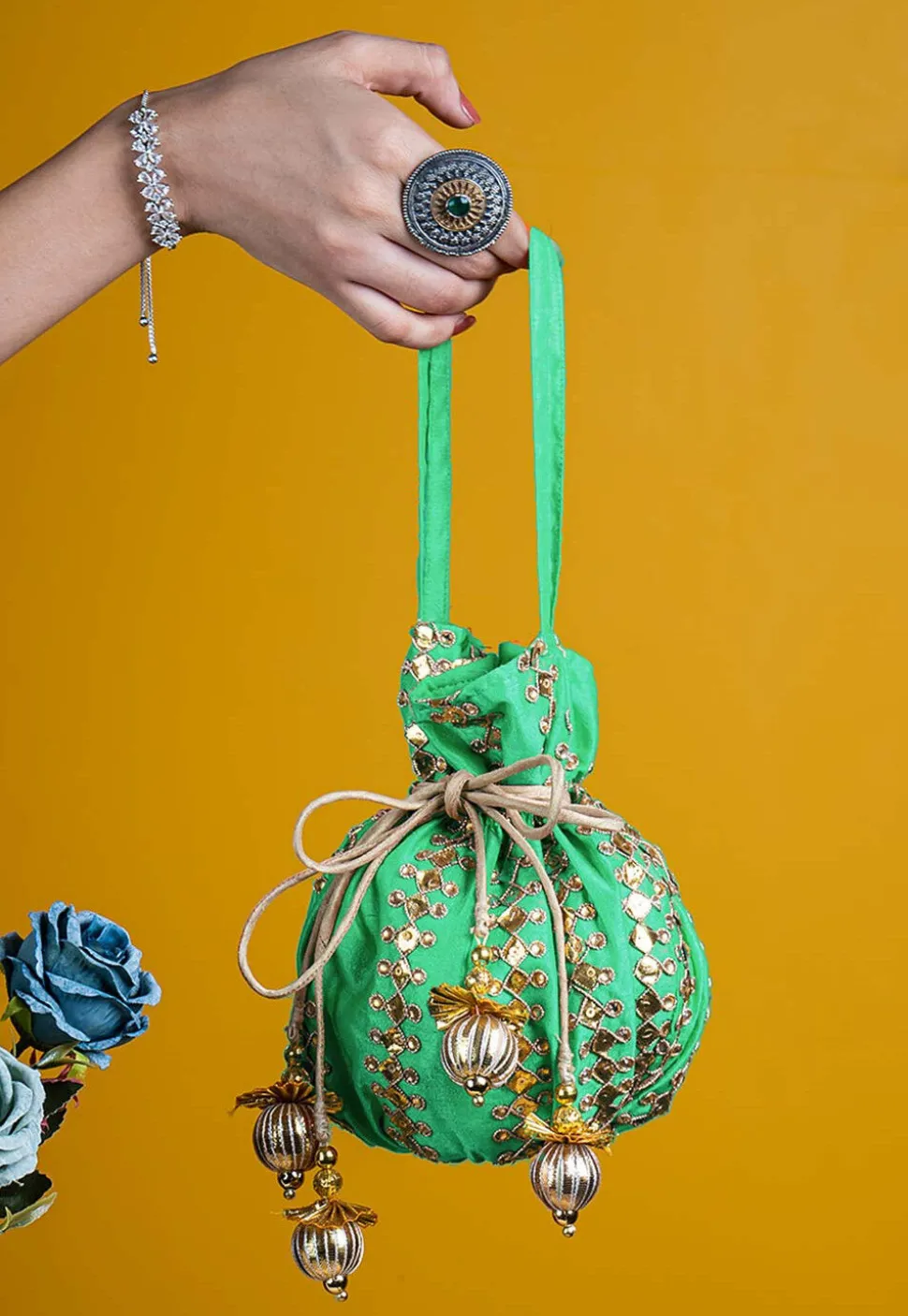 Gota Patti Art Silk Potli Bag in Sea Green