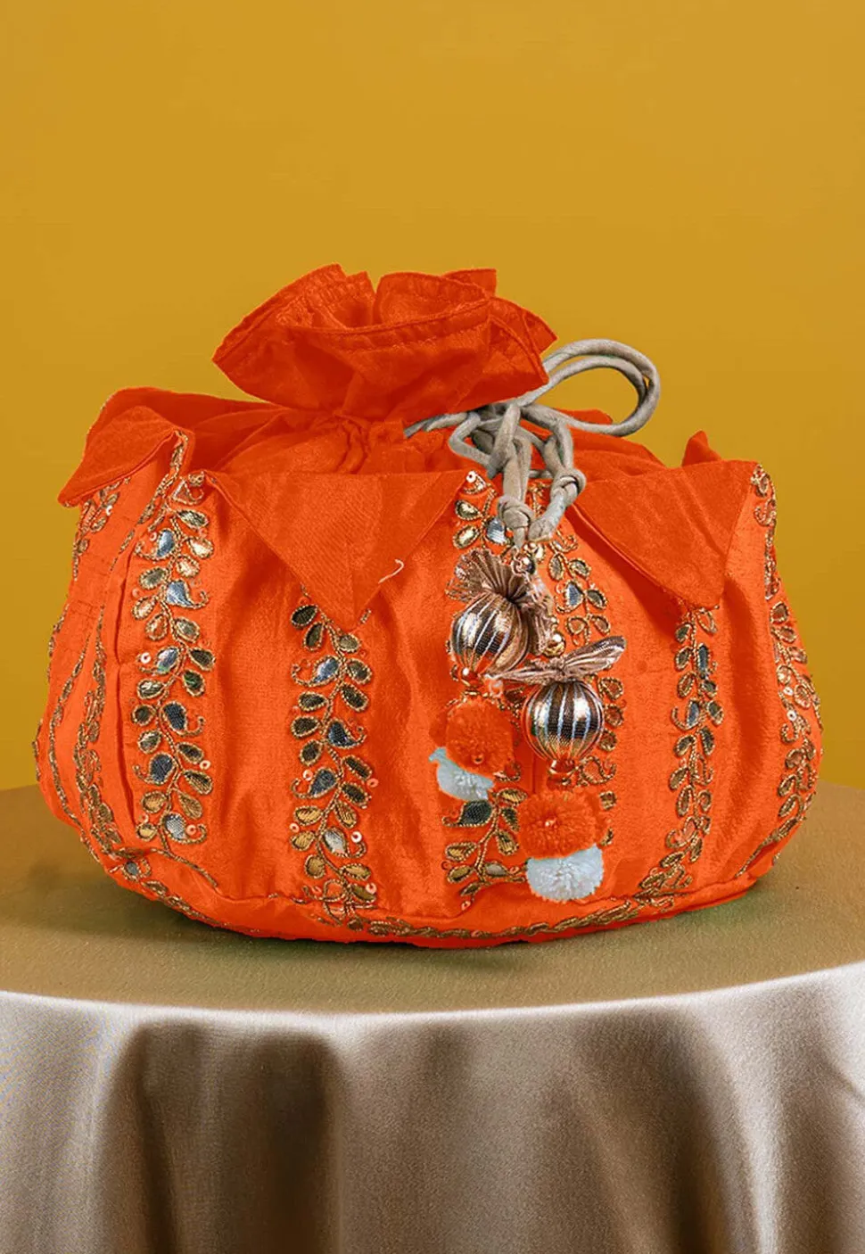 Gota Patti Art Silk Potli Bag in Orange