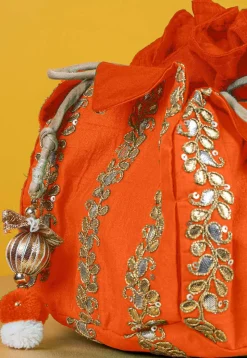 Gota Patti Art Silk Potli Bag in Orange