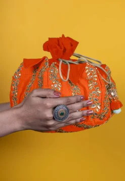 Gota Patti Art Silk Potli Bag in Orange